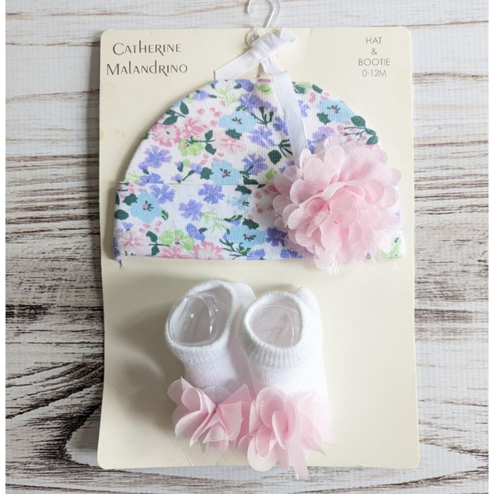 Catherine Malandrino Floral Hat and Bootie set 0-12M New